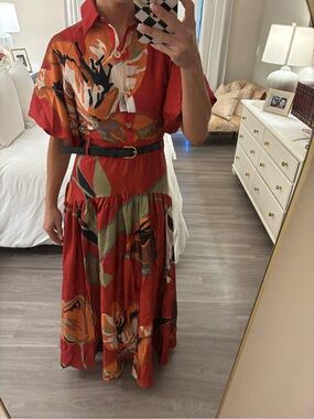 🍂 CHICWAYS Rust Orange Abstract Print Belted Midi Dress